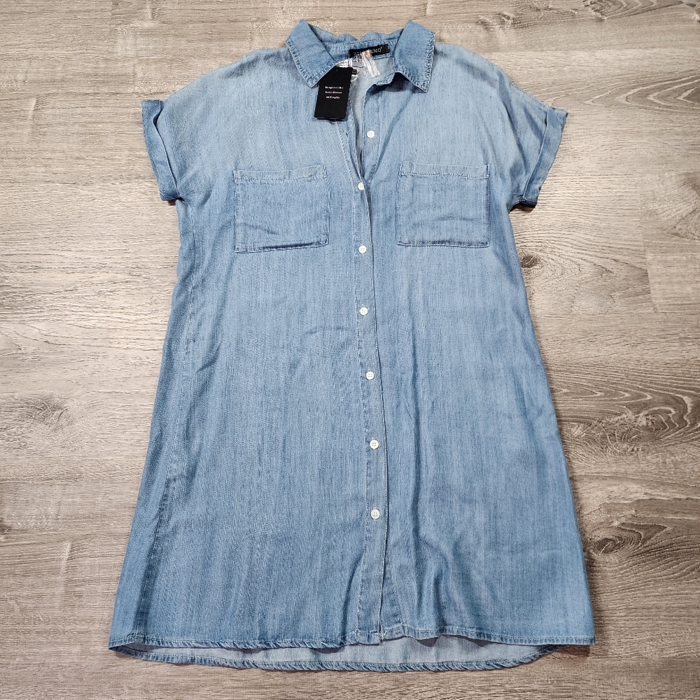 NWT ZILCREMO Blue Chambray Button Down Denim Shirt Dress Short Sleeve Medium - Picture 12 of 12